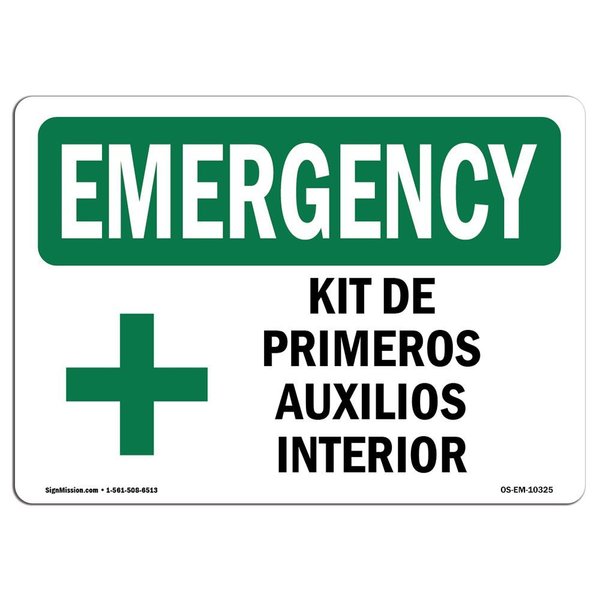 Signmission OSHA EMERGENCY Sign, First Aid Kit Inside Spanish, 24in X 18in Aluminum, 24" W, 18" H, Landscape OS-EM-A-1824-L-10325